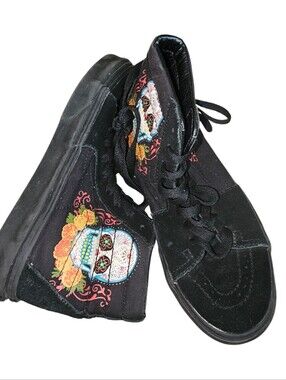 Black High-Top Women's Sneakers with Colorful Sugar Skull Accent